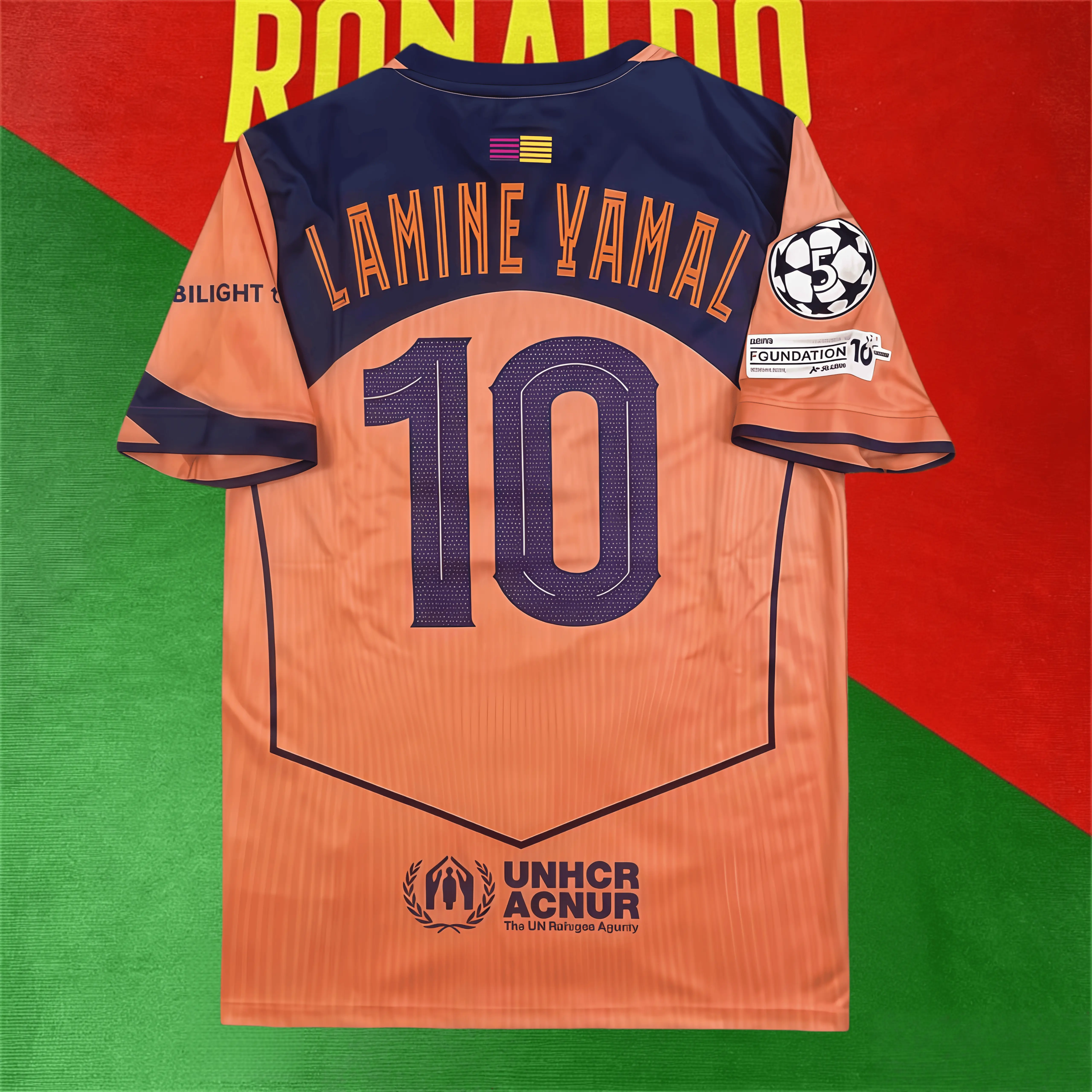 Away No. 10 Lamine Yamal Collector's Edition Short-Sleeve Soccer Jersey in Vibrant Orange and Deep Navy Blue