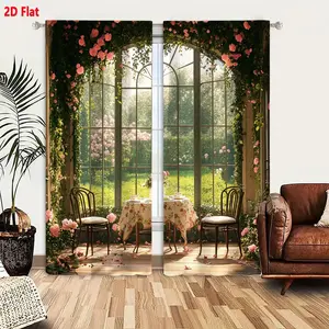 2D Flat Floral Arch Curtain Set, Romantic Sunlit Indoor Nook Curtains with Pink Roses Pattern, Ornate Arched Window Design, Light Filtering Sheer & Blackout 2-Piece Curtains for Bedroom Living Room