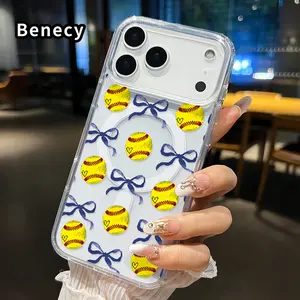 Magnetic Phone Case Supports Wireless Charging for iPhone 17 16  Pro Max Plus 15 14 13 12 11 Air E Softball Bow Dream Pattern Non-Yellowing Shockproof Soft Silicone Transparent Acrylic Large Hole Cover