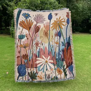 California flowers Pattern Design Bohemian Bed Blanket - Yarn Thick Breathable with Tassels for Home Decor Sheet Living Shawl Tapestry Yoga Couch Sofa Chair Tablecloth Garden Office Travel Outdoor Camping Picnic Not Printed No Faded No Pilling