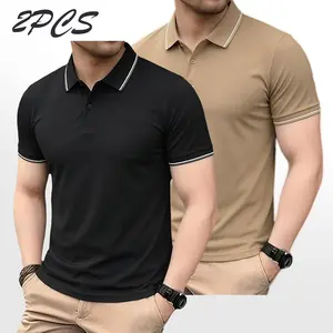 Men’s casual short-sleeve polo set, 2-pack. Polo shirts feature a white striped collar design. Quick-drying, breathable tops for golf and tennis; comfortable riding apparel; fashionable men’s sportswear. Suitable for casual gatherings, holidays, and trave