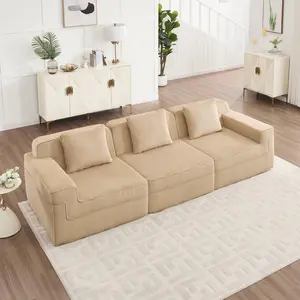 Modular 3 Seat Boneless Sofa Couch, Cloud Sectional Couch with Deep Seat, Modern Modular 3-Seat Sofa Couch with Throw Pillows Corduroy Fabric Camel