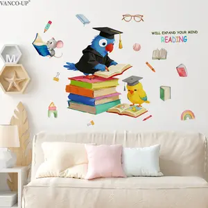 A set (30*60cm*2pcs) cartoon parrot reading English book wall stickers for nurseries, living rooms, hallways, corridors and children's rooms, home decoration and beautification stickers