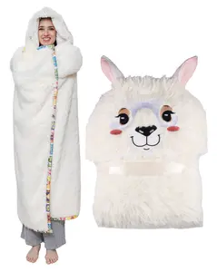 Llama Wearable Hooded Blanket - Cozy Oversized Blanket Hoodie with Claws Hand Gloves - Plush Flurry Fleece & Sherpa Hoodie - Gift for Women, Adults, and Kids