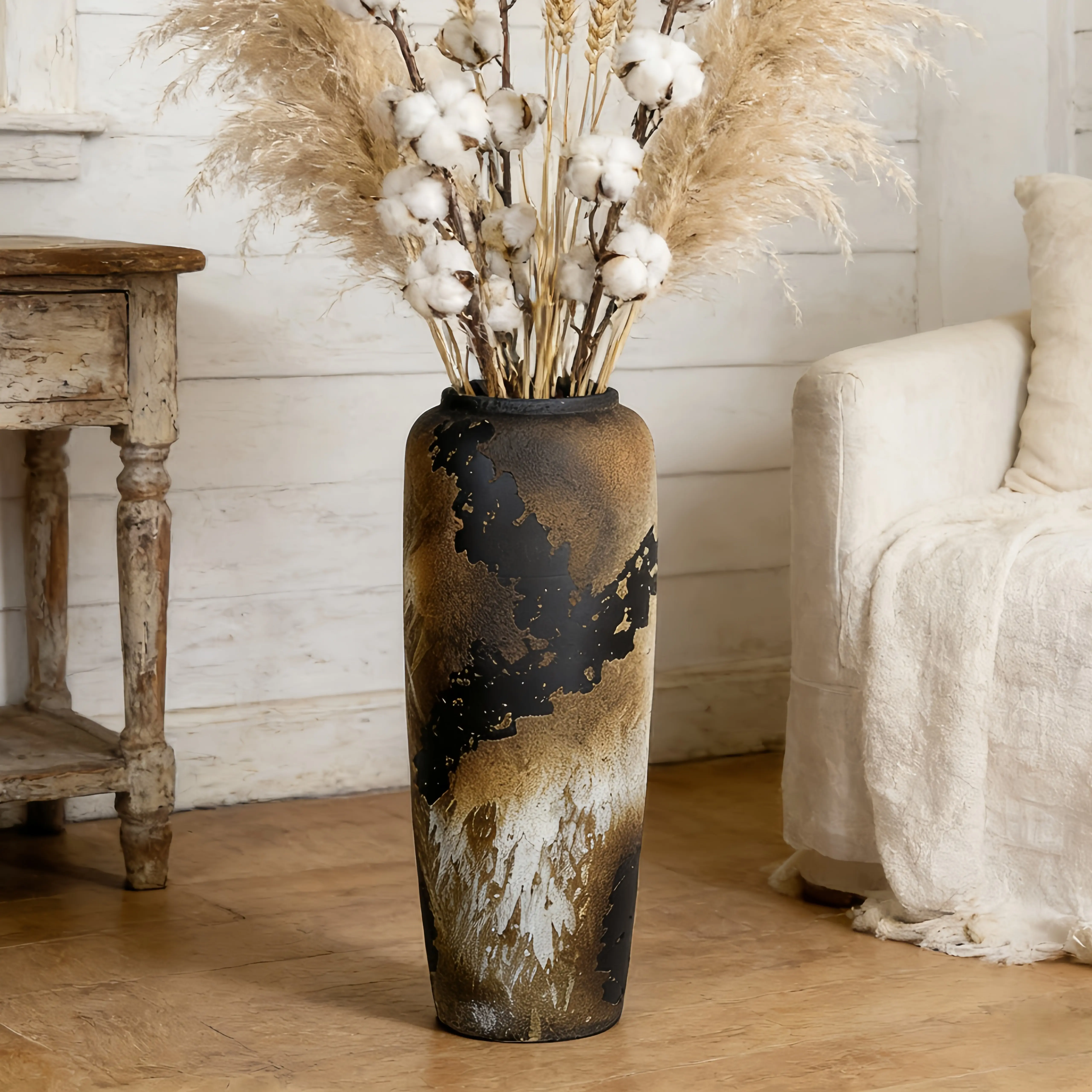 Rustic Ceramic Home Decor Vase - 20in/16in Sturdy Decorative Vases, Heavy-Duty Vintage Accent for Floors, Tables, Shelves, Indoor Modern Farmhouse Art Piece