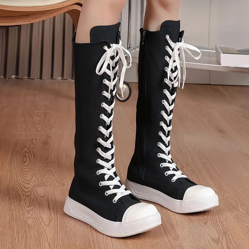 [Versatile Knee High Boots] Solid Color Slim Boots - Side Zipper Casual Platform Lace Up Knee High Boots - Versatile Soft Sole