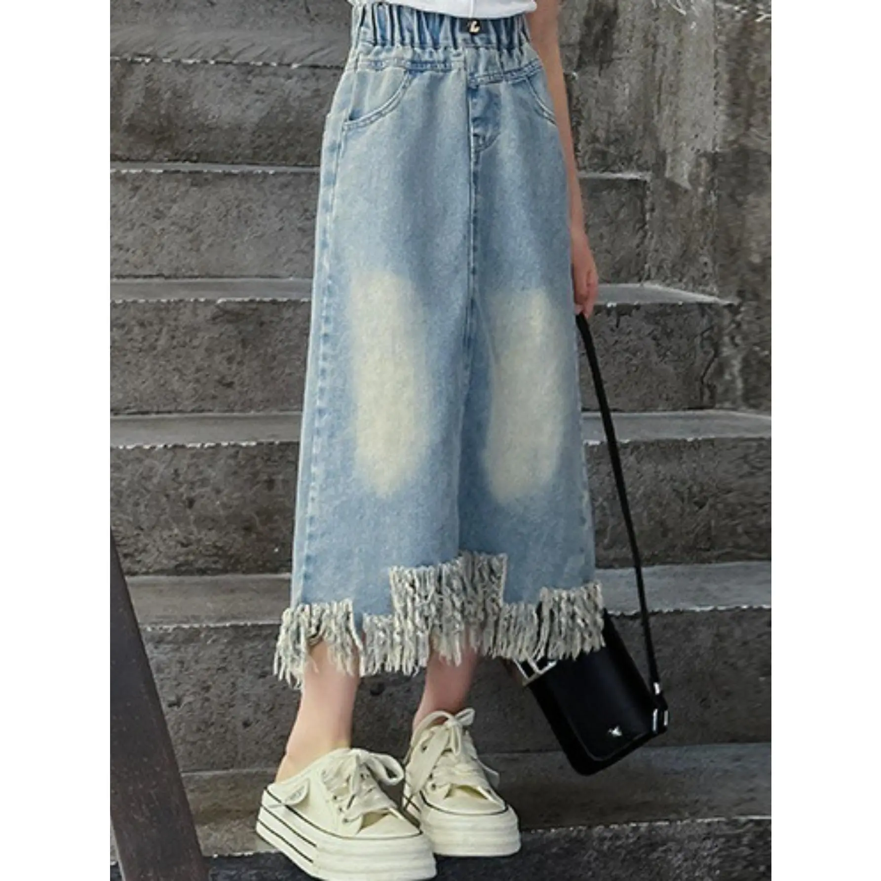 Girls' Cotton-Polyester-Viscose Blend Plain Denim Skirt - Cotton Blend Fabric, Hip-Hugging Regular Fit, Decals, Raw Hem, 4-Seasons Wear for 9-10y, 11-12 Years Old Teens