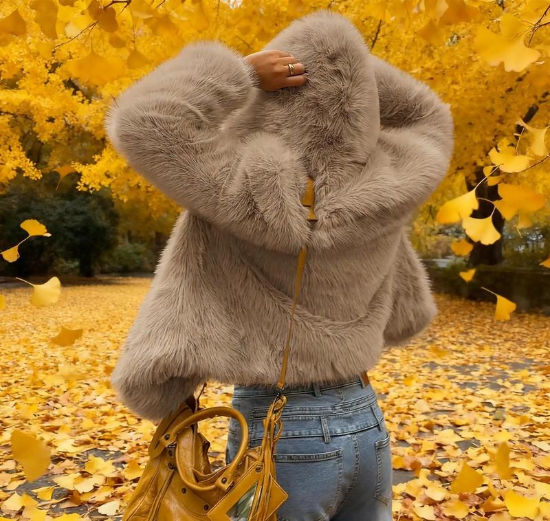 Casual Women’s Faux Fur Hooded Jacket, Short Style, Suitable for Autumn and Winter, Medium Fabric Thickness, Slim Fit, Women’s Coats, Long Sleeve, Open Front Blazer, Gwendolyn Trenchcoat, Oversized Ribbed Batwing Tunic Sweater, Trench Coats