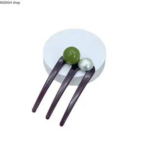 Women's Trendy Purple Beaded Hair Pins - 3-Prong Jade Pearl Decorative Hair Sticks, Strong Grip, Sleek Lightweight, Ideal for Half-Up Bun, Sports & Outdoor Camping Hiking Hammock Accessory