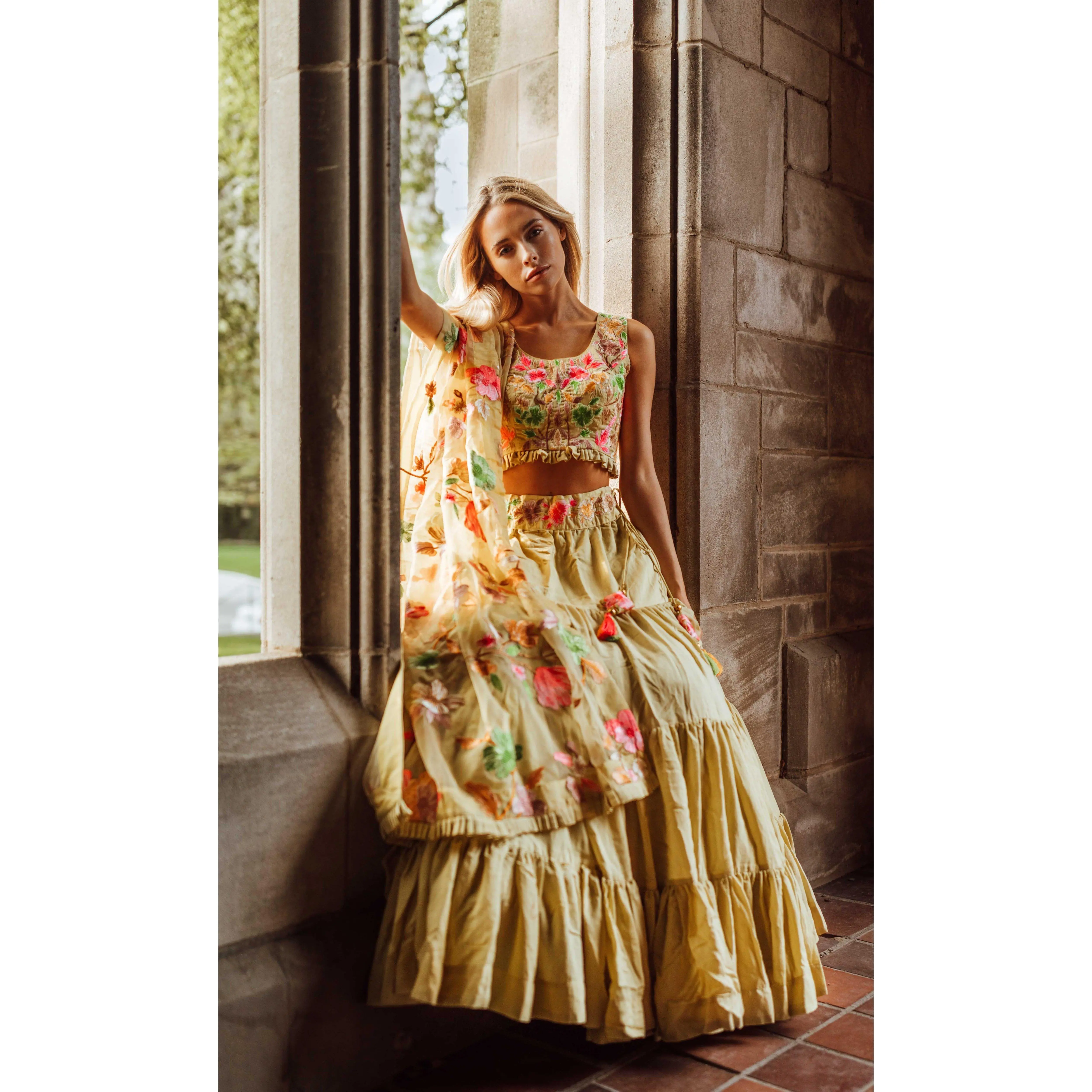 Yellow Floral Embroidered Lehenga Choli Set
