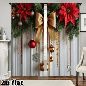 2D Flat 2Pcs Christmas Floral Curtains Red Poinsettia Gold Bow Holiday Pattern Printed Semi Sunshade Polyester Fabric Rod Pocket Window Treatment Panels for Living Room Bedroom Kitchen Home Decor Decoration Anti Privacy Window Decorations Supplies
