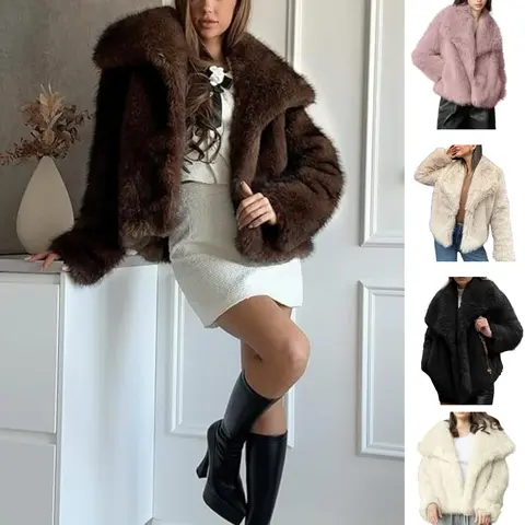 SCUSTY Women's Fluffy Faux Fur Coat Jacket Long Sleeve Cropped Coat Casual Long Sleeve Collared Fuzzy Coat for Fall & Winter,Cute Tops,Women's Clothing for Daily Wear