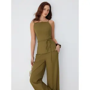 Cider Linen-blend Tie Waist Cami Top & Mid Rise Straight Leg Trousers Set