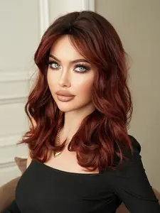 Shoulder Length Wavy Wigs for Women, Gorgeous Fluffy Wigs with Bangs, Synthetic Full Machine Wigs for Party, Daily Use, Body Wave Wigs