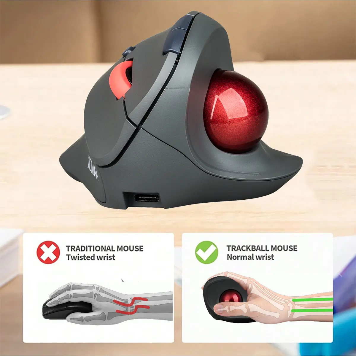 JOMAA Vertical Wireless Trackball Mouse Ergonomic 2.4G&Bluetooth Rechargeable Office PC Mouse 2.4G Wireless USB & Bluetooth Dual-Mode, Precise Thumb Control, 800/1000/1600 DPI for PCs & Laptops