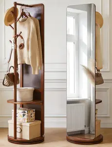 Full Length Mirror with Coat Rack – 70"x16" Standing Mirror with Shelf, Wooden Floor Mirror for Bedroom Entryway, Wall Leaning Mirror with Clothes Hooks, HD Anti-Shatter Glass, Multifunctional Home Decor