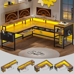 SIKAIC 96-Inch L-Shaped Reversible LED Gaming Desk - Ergonomic Design Gaming Station, LED Lights, Keyboard-Compatible, Brown Corner Space Office & Commercial Furniture