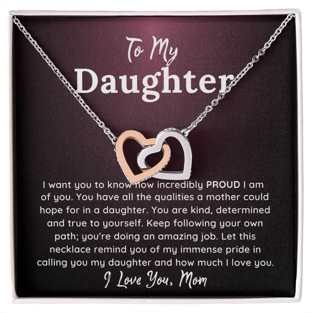 Daughter Interlocking Hearts Valentines Gift - Mother's Day Gift Necklace with Meaningful Message Card Inside