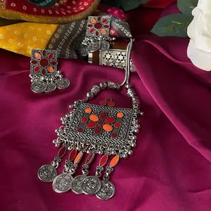 Afghan Kuchi Jewelry with Orange & Red Stone Inlays Elegant Silver-Toned Necklace & Earrings Set for Bohemian Fashion