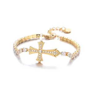 Cross Jesus BraceletHypoallergenic Gold-PlatedwithCubicZirconia Adjustable Wristband9.45Inches Unisex Gift for Christmas Valentine's Day Birthday