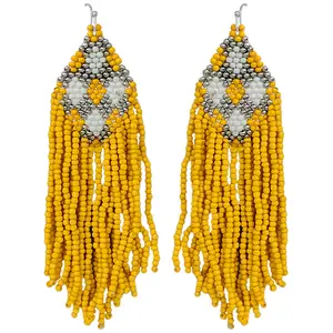 Extra Long Peyote Stitch With Fringe Seed Bead Shoulder Duster Statement Earrings (4", Yellow With White Silver Diamond Pattern)