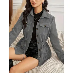 Women's casual olive green jacket - long sleeved, front button, flap pocket, lightweight polyester fiber, perfect match for spring and autumn, fashionable layered item, spring jacketRAIMENTRY