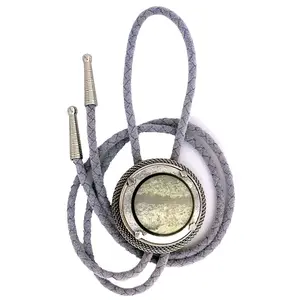 Green Yellow Jasper 34mm Round Custom Silver Mesh Bolo Tie Cord Tip EPBT293