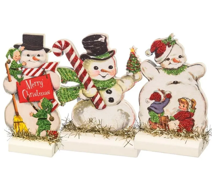 Primitives  Vintage Christmas Stand Up Set, Set of 3, Retro Snowmen, 3 Piece, 32297