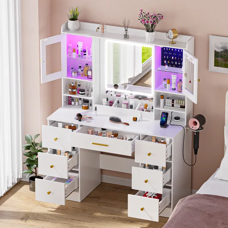 LAKEMID Modern 7-Drawer White Engineered Wood Makeup Vanity Table Set - Vanity with Mirror, 2 AC Outlets Keep Tools Close, RGB Cabinets, Illuminated Touch-Screen Mirror, Hair Dryer Rack, Jewelry Organizer, Dual-Light, LED Accents, Beauty Storage Solutions