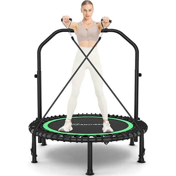 ANCHEER Foldable Round Rebounder Trampoline (40"/48"), 570lbs/620lbs Max Load Height Adjustable Indoor Fitness Trampoline with 4-Level Foam Handle, Resistance Bands for Home, Gym, Foldable Round Trampoline,SummerWins