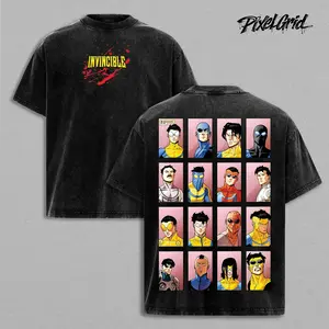 Invincible Multiverse Graphic T-Shirt Washed Oversized T-Shirt, Vintage Superhero Shirt with Retro Comic Tee Style, Variant Characters Grid Design for Comic Lover, Casual Streetwear Fit Top for Men and Women