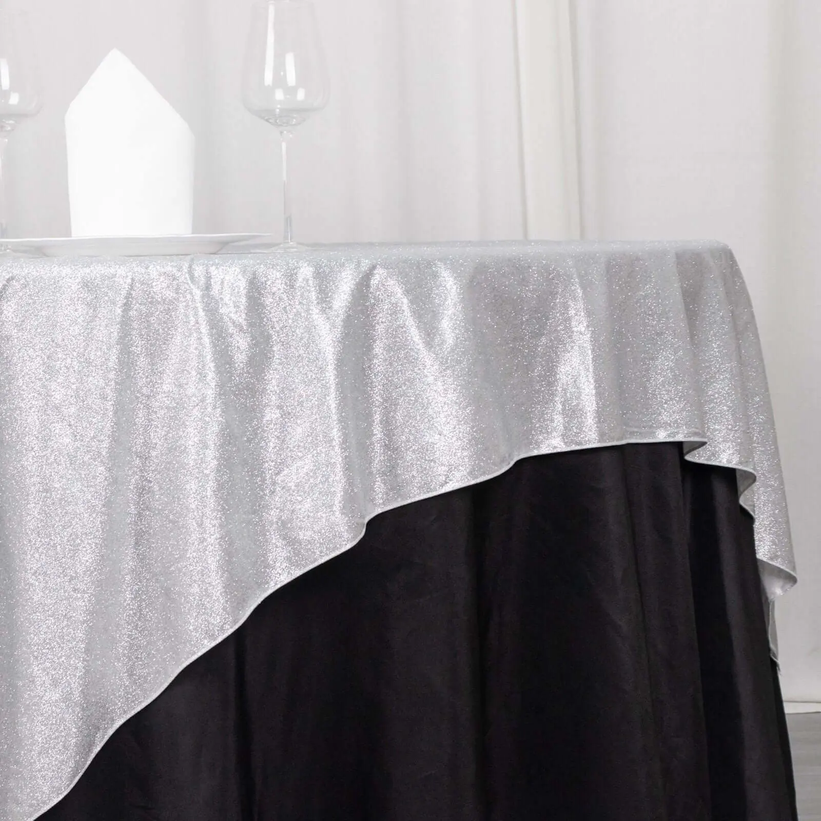 Silver Glitter Sparkly Polyester Overlay Table Cover - 72"x72" Kitchen Linen Tablecloth Topper, Graduation Party Decor, Ceremony Candy Buffet Decorations Accessories