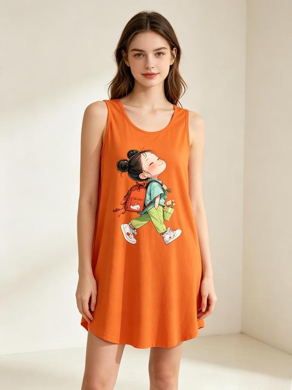 Women's Plus Size Casual Basics Polyester Sleeveless Nightdress - Loose Comfortable, Playful Print Cartoon Logo Loungewear Dress, V-Back Detail, Sohochic Plus Size Clothes Sleepwear