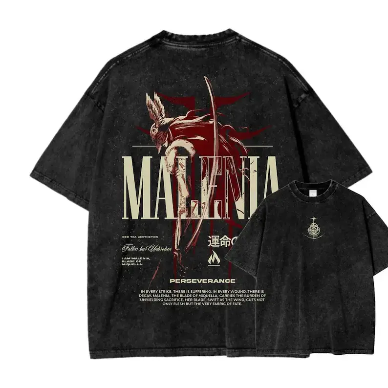 Vintage Retro Acid Wash Elden Ring Malenia Graphic T Shirt Oversized Heavyweight Cotton Tee Y2K Gamer Streetwear Dark Fantasy Soulsborne Aesthetic Gaming Apparel Pump Cover Loose Fit Summer Top For Men And Women Double Sided Print Trendy Fits