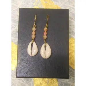 Peach Beaded Cowrie Shell Earrings