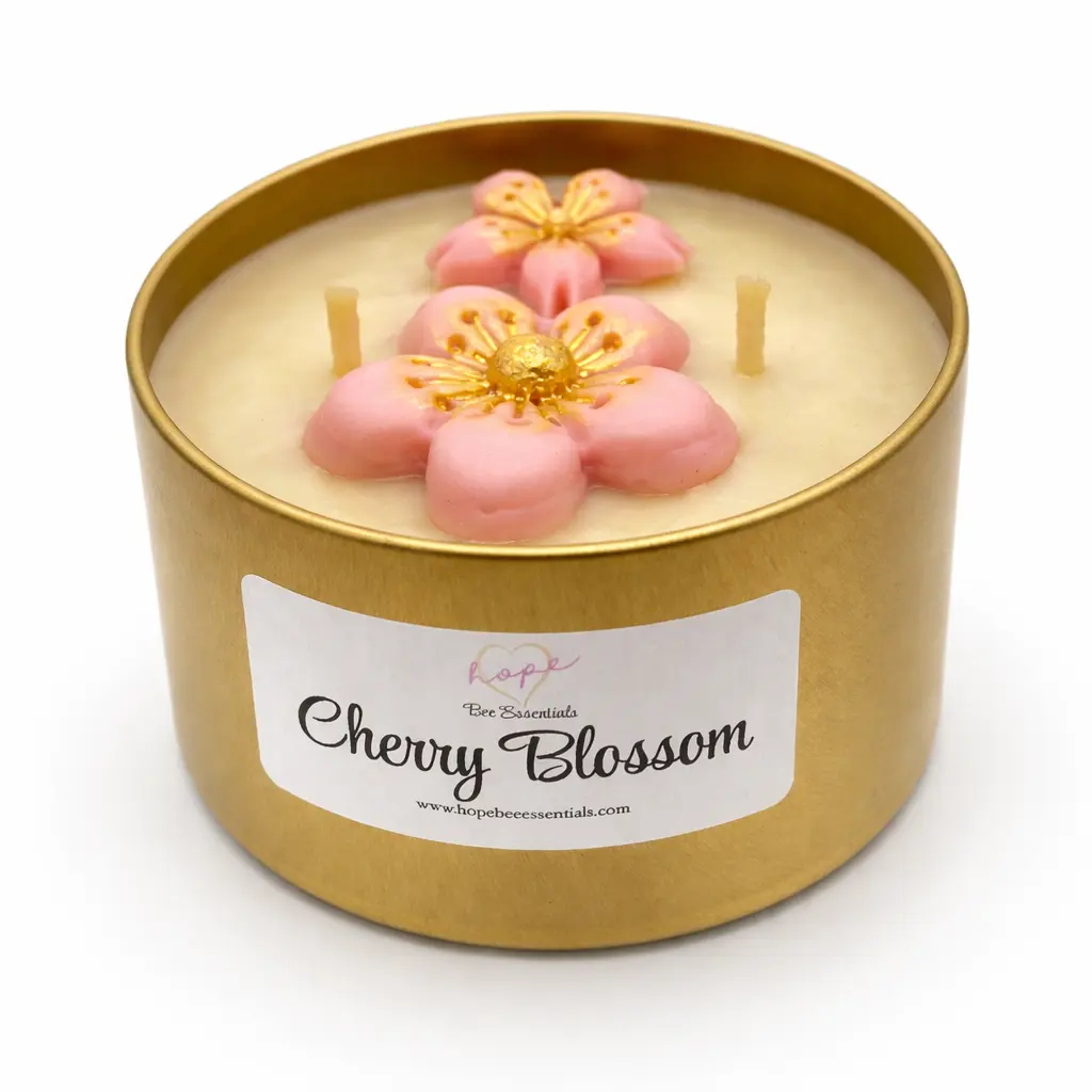 Cherry Blossom Beeswax Candle 8oz Gold Tin Hand-Painted Wax Art Clean-Burning Organic Beeswax & Coconut Oil Scented with Fresh Floral Fragrance Pet-Safe Decor