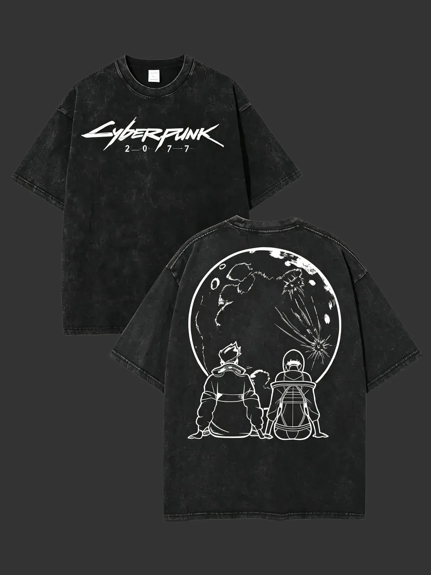 Men's Short-Sleeve T-Shirt, Double-Sided Vintage Washed Cyberpunk Graphic tees , Unisex Retro Style, Fitted Cut, Cyberpunk Graphic Men's Short-Sleeve T-Shirts, Short Sleeve Tee