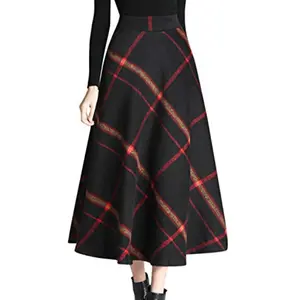 UANEO Women's Winter Warm Elastic Waist Wool Plaid A-Line Pleated Long Skirt