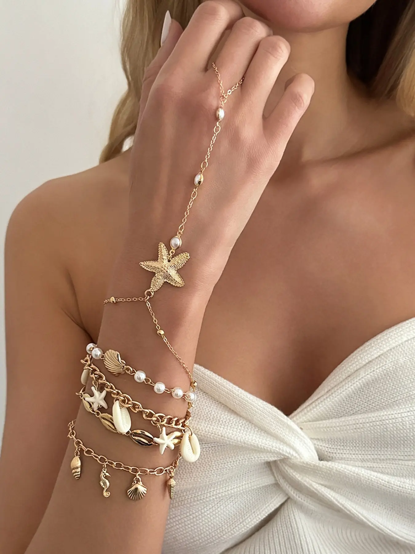 5-Piece Tropical Starfish Shell Seahorse Pendant Ring Bracelet Set, Ocean Imitation Pearl Chain Wristband for Women, Boho Bracelet Set, Bracelet Jewelry Sets, Jewellery Gift Set