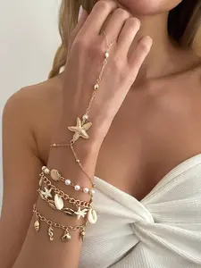 5-Piece Tropical Starfish Shell Seahorse Pendant Ring Bracelet Set, Ocean Imitation Pearl Chain Wristband for Women