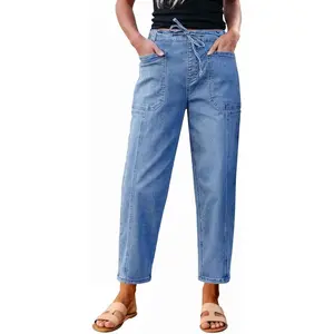 Jeans Women Trendy High Waisted Pull On Drawstring Elastic Waist Stretchy Denim Baggy Pants with Pocket