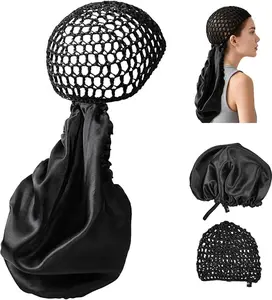 2-in-1 Satin Hair Wrap & Silk Bonnet for Women – Adjustable Sleep Cap Adjustable Satin Doobie Wrap for Long Curly Hair Black Shower