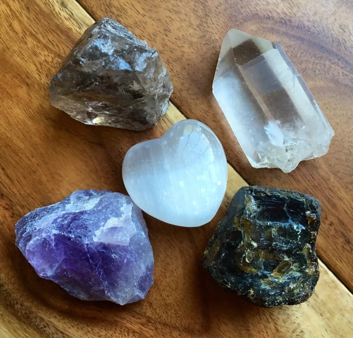 Strength & Protection Stone Set (Raw & Polished Heart) - Selenite, Amber, Smoky Quartz, Amethyst, Clear Quartz Crystals