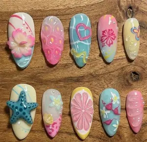 Handmade 3D Starfish Floral Press On Nails, Beach Summer Vacation Almond Shape, Tropical Blossom Nail Art, Elegant Feminine Design