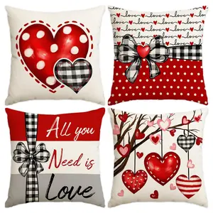 4pcs Valentine's Day Pillow Cover, Valentine's Day Love Creative Decorative Cushion Cover, Suitable for Valentine's Day, Wedding, Couple Party Decoration, Wedding Anniversary Room Living Room Sofa Bedroom Car Seat Decoration Pillow Cover (No Pillow Core)