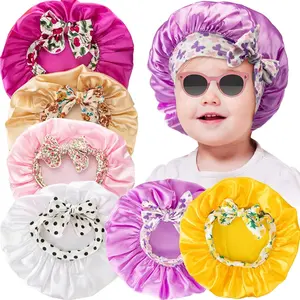 S-51 6 Pcs Baby Bonnet Toddler Silk Satin Sleeping Cap Elastic Bow Tie Satin Hair Baby Bonnet for Girls Boys Infant Newborn Multicolor
