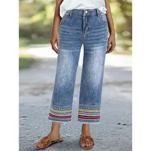 Women’s loose-fit medium-wash denim jeans, casual all-season wear, plain design, H-type silhouette, perfect for daily outings and dates, embroidery