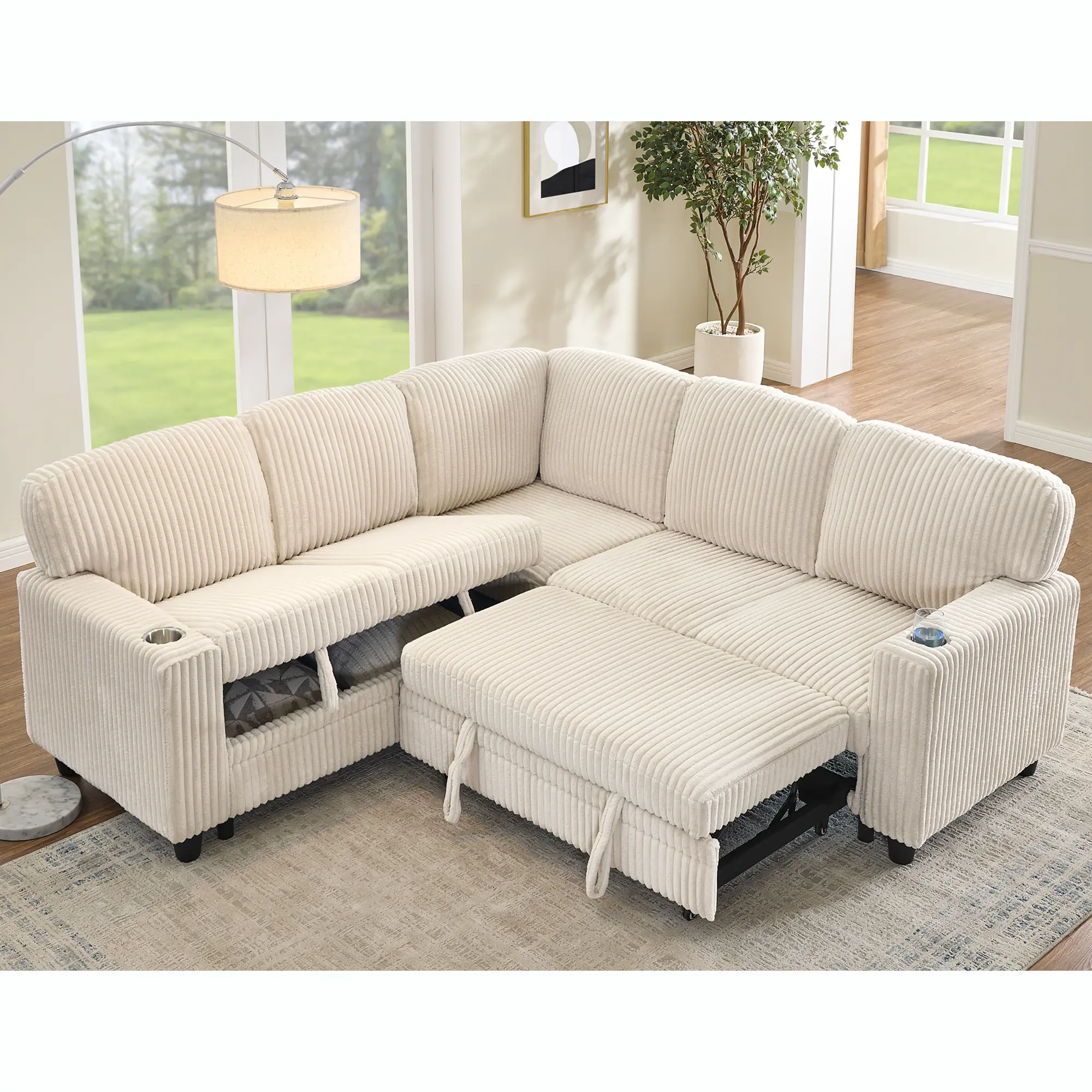Eyisean 81"W L-Shaped Sectional Sleeper Sofa with Pull Out Bed, 5-Seater Modular Couches with Storage Space and USB Charging, Comfy Corduroy Cloud Couch for Living Room, Apartment