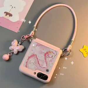 Korean Cute Pink Butterfly Pendent Portable Phone Case for Samsung Galaxy Flip7 6 5 for Motorola Razr 50Ultra Razr60Ultra Cover