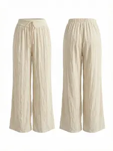 Spring Summer Retro Gentle Translucent Wide Leg Pants, Bottoms, Elastic Waist, Lace Up, Loose-Fitting, Long Regular, Versatility Style, Casual
